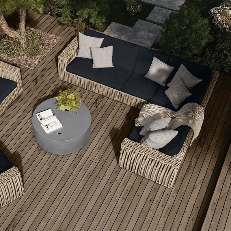 outdoor earth tone wicker sectional in an L shape