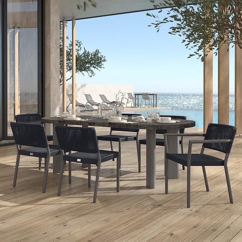 Outdoor dining table with chairs in a smoke grey tone